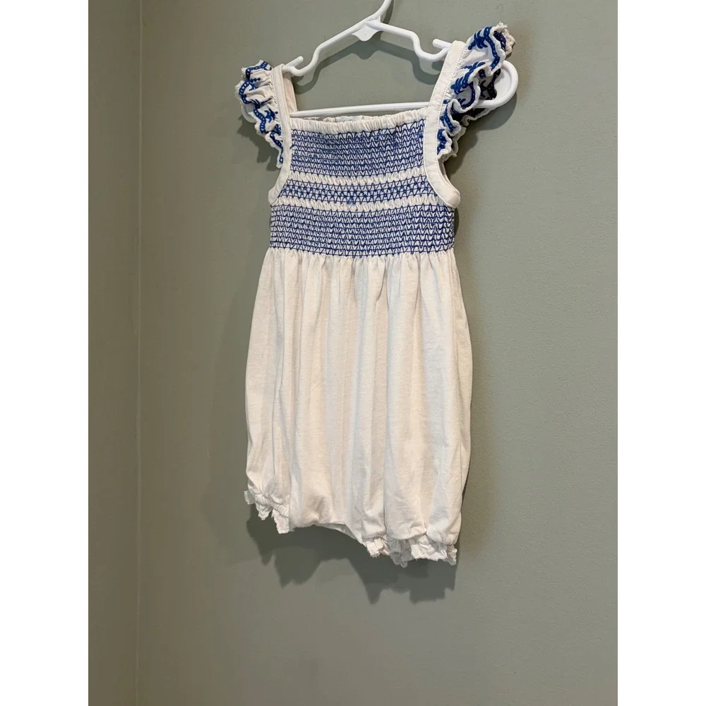 Ralph Lauren Baby Girl Smocked Romper White Blue Embroidered Bubble 18M